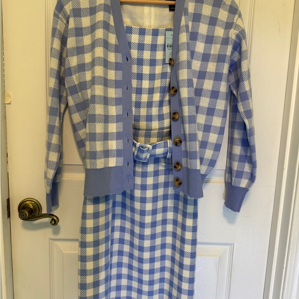 Blue and White Checkered Cardigan and Dress Set